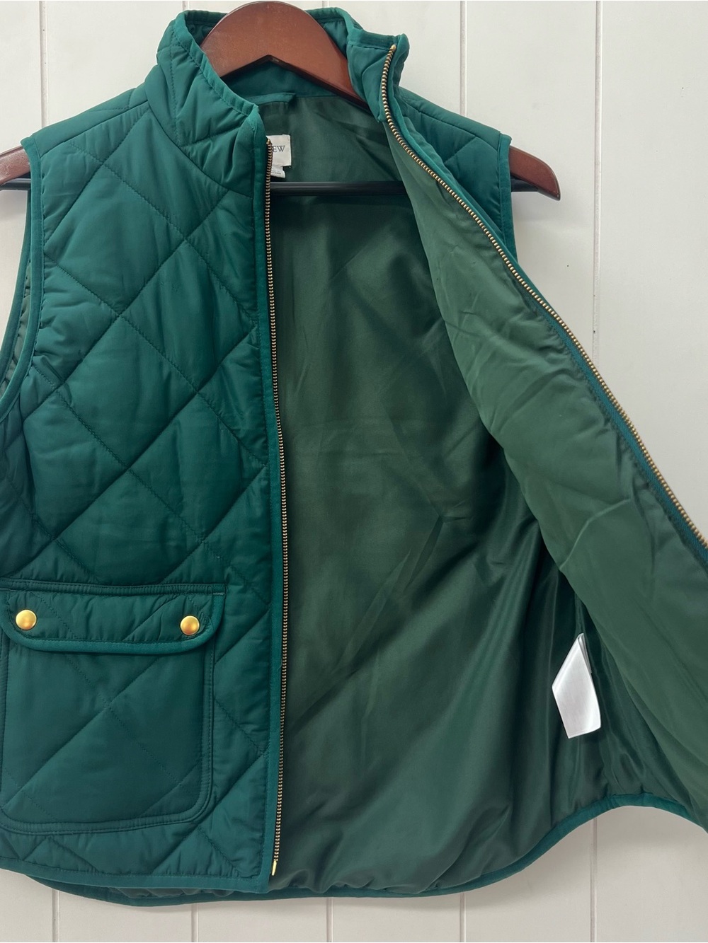 J.Crew Green Quilted Excursion Puffer Vest Gold Hardware Snap Pocket Zip Size L